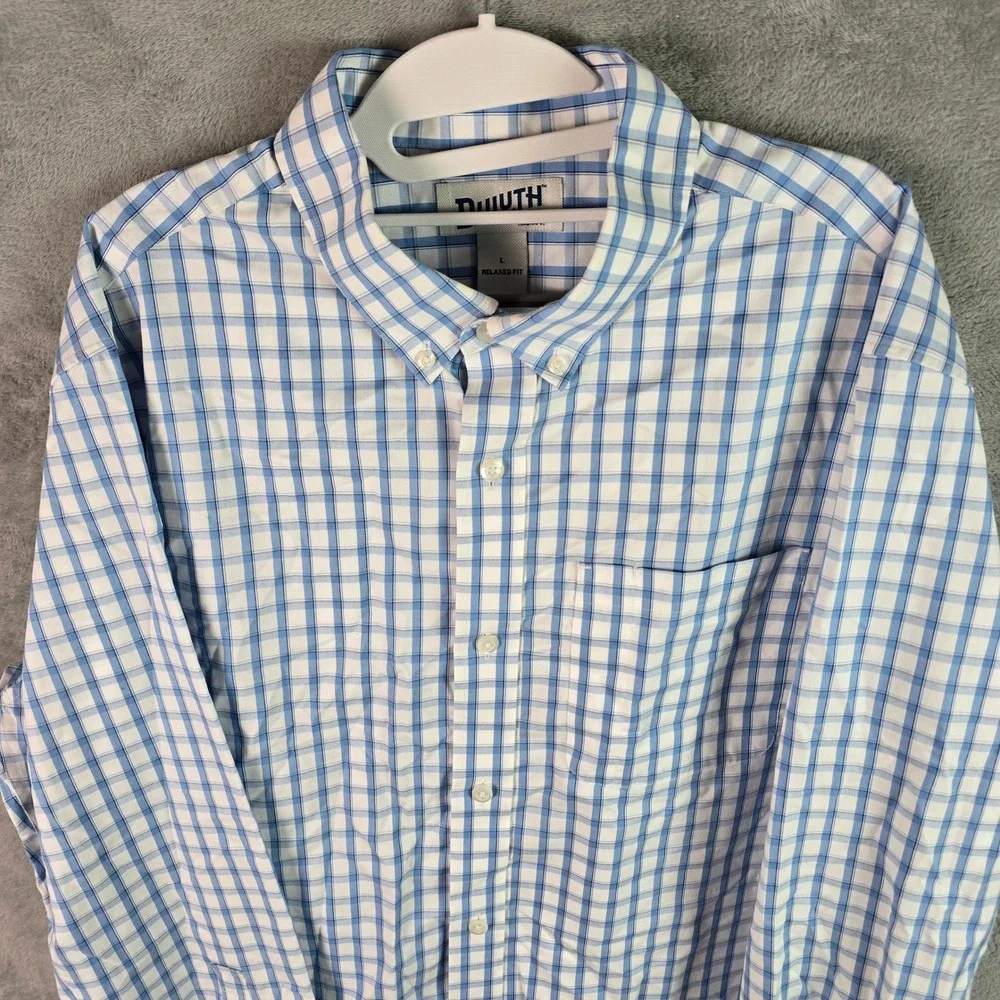 Duluth Trading Co Mens Relaxed Fit Plaid Button Down Shirt Blue‎ White Large L